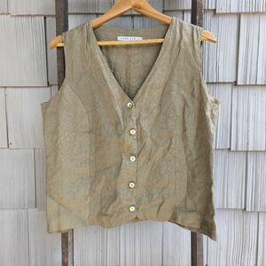 Luna Luz Roma 100% Linen Button Down Vest Top sz L Flax Tan Quiet Luxury Coastal